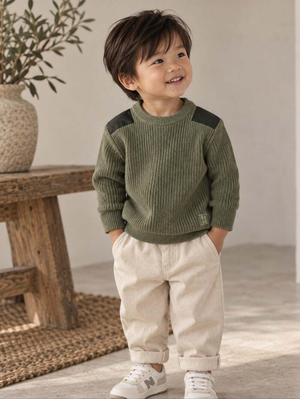 Zara Kids Olive Green Ribbed Knit Top Military Shoulder Patches 2-3Y